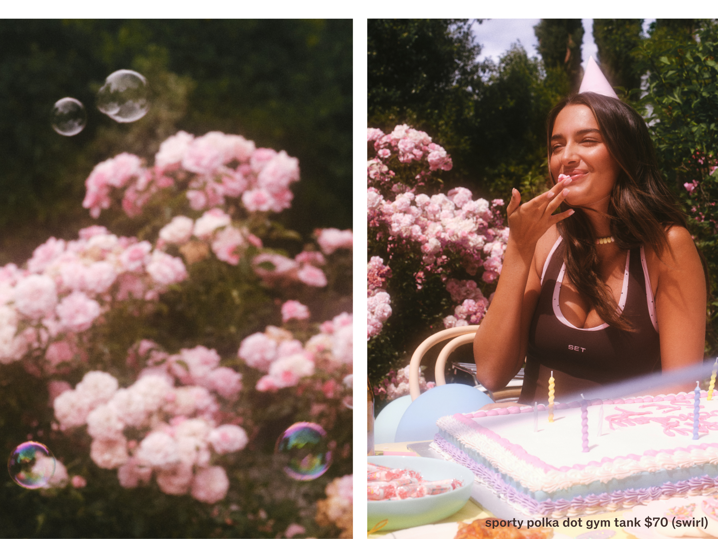 Two images: one of pink flowers with bubbles, the other of a woman in a garden with a birthday cake.