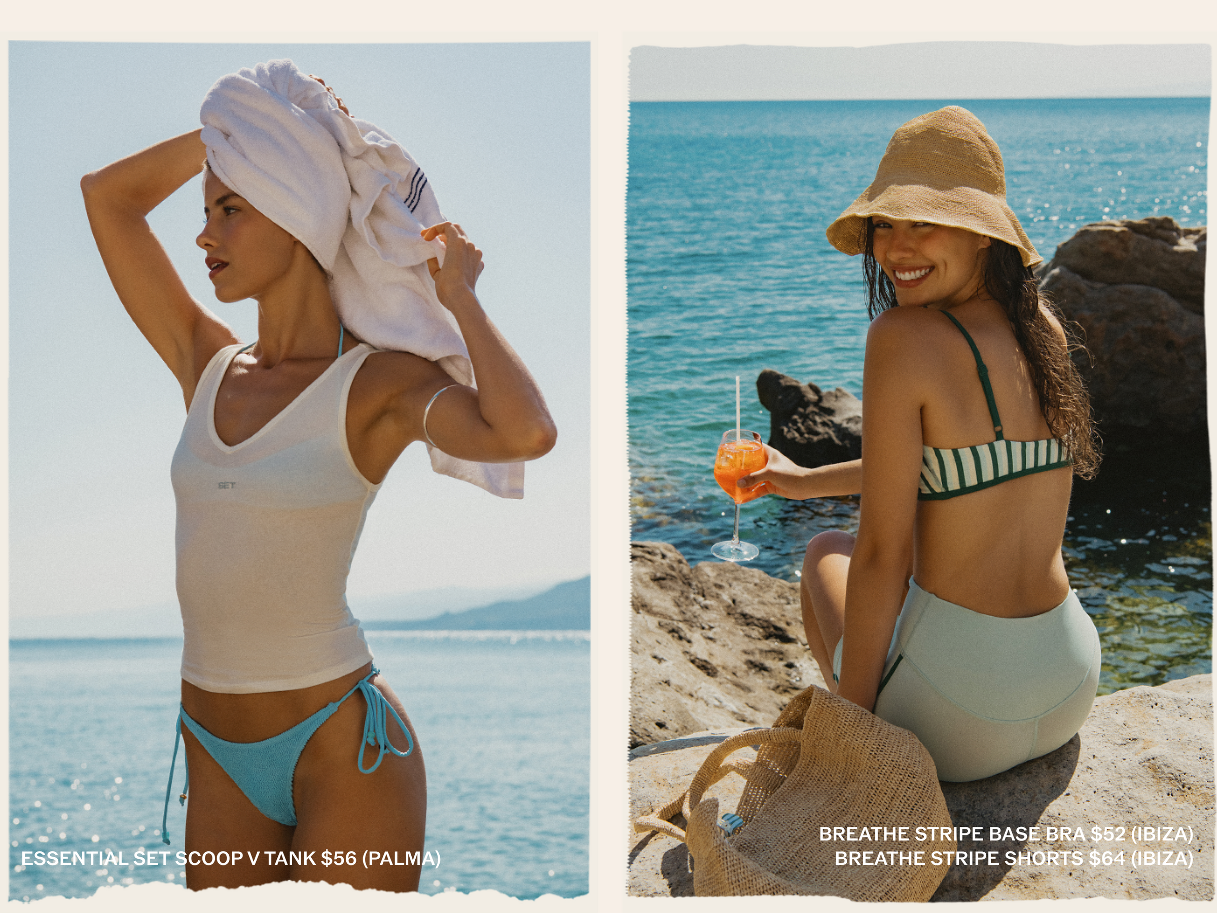 Two women enjoying a sunny day by the sea, wearing swimsuits and hats.