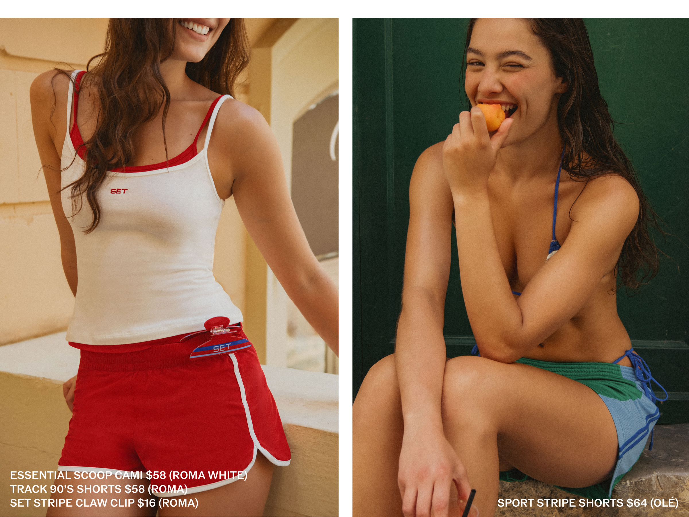 Two women wearing athletic wear with product information overlay.