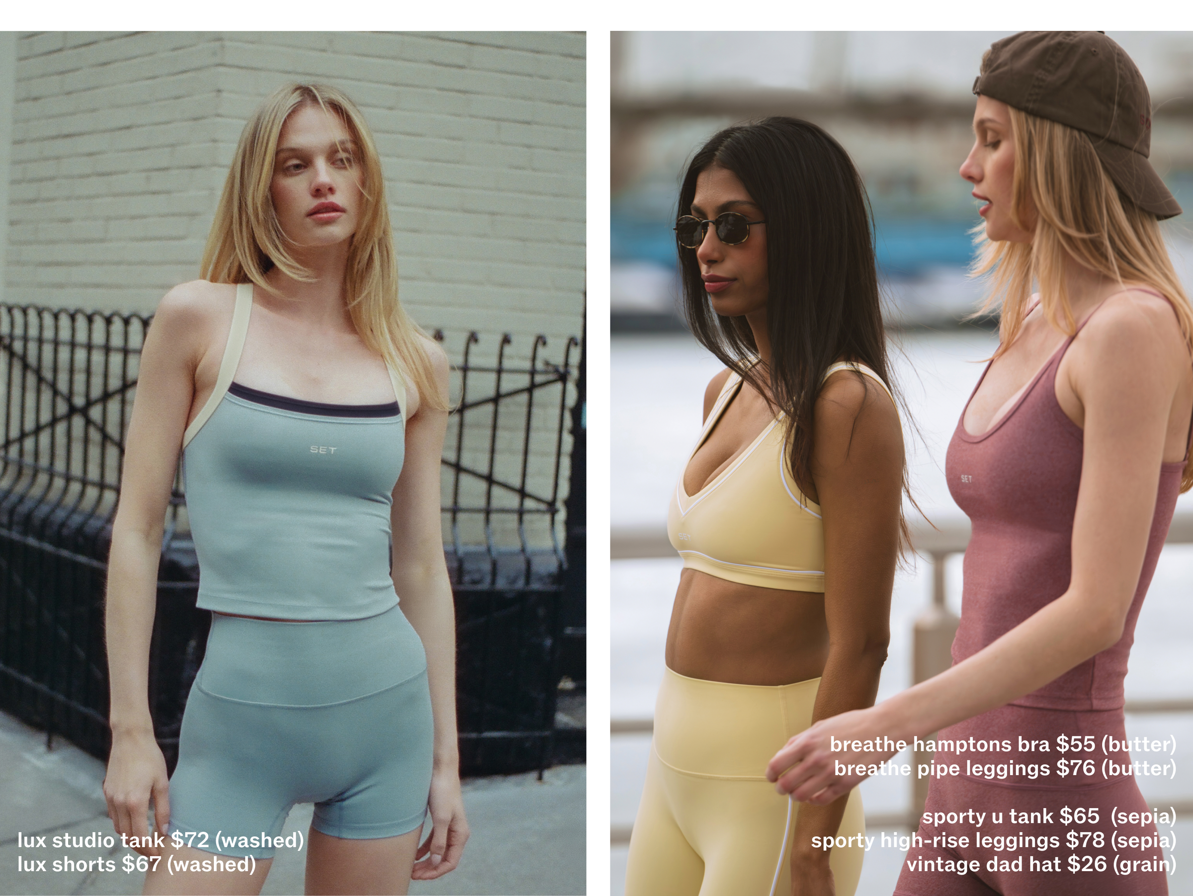 Two women wearing athletic wear with product names and prices displayed.