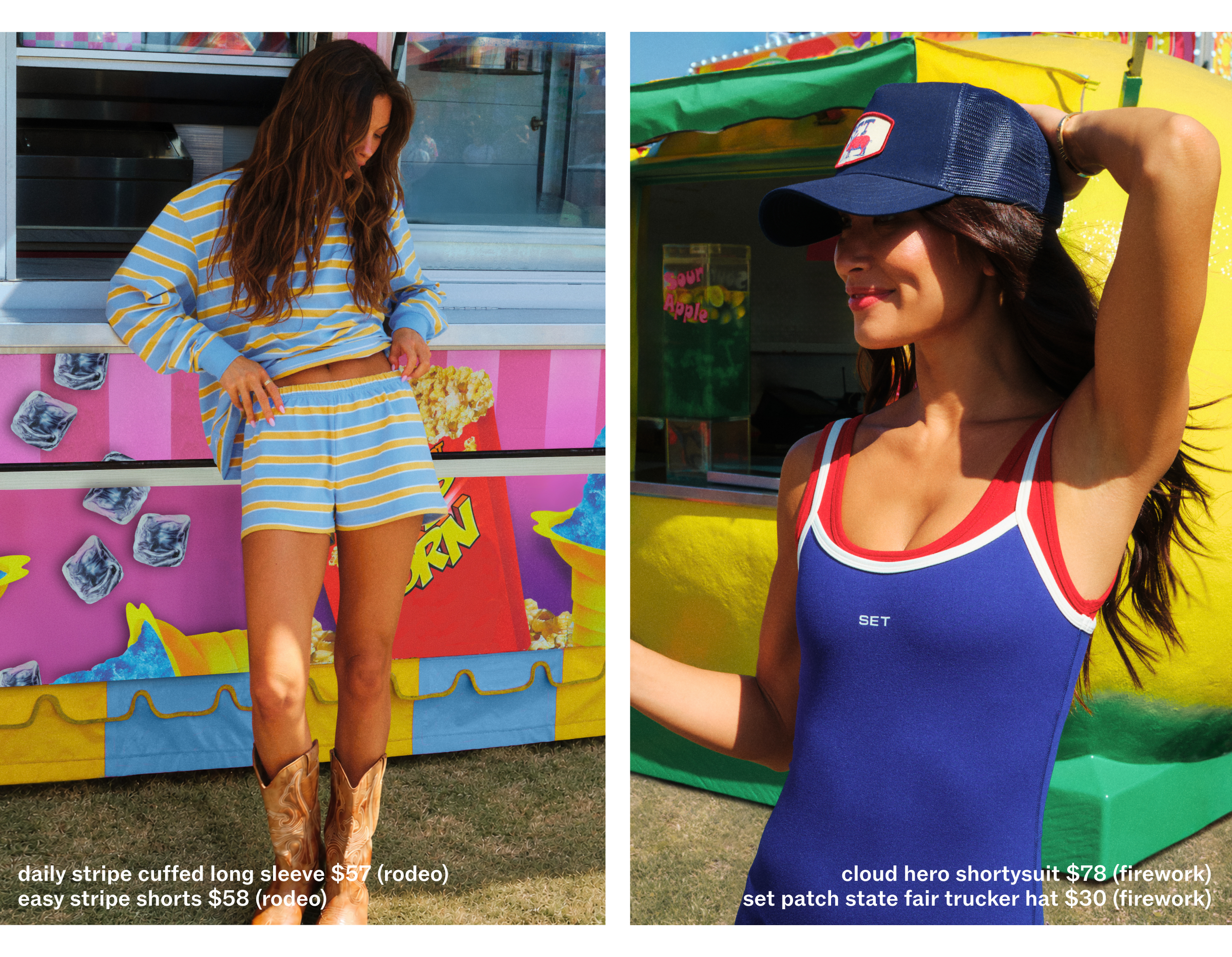 Two women in colorful outfits standing in front of a vibrant food truck.