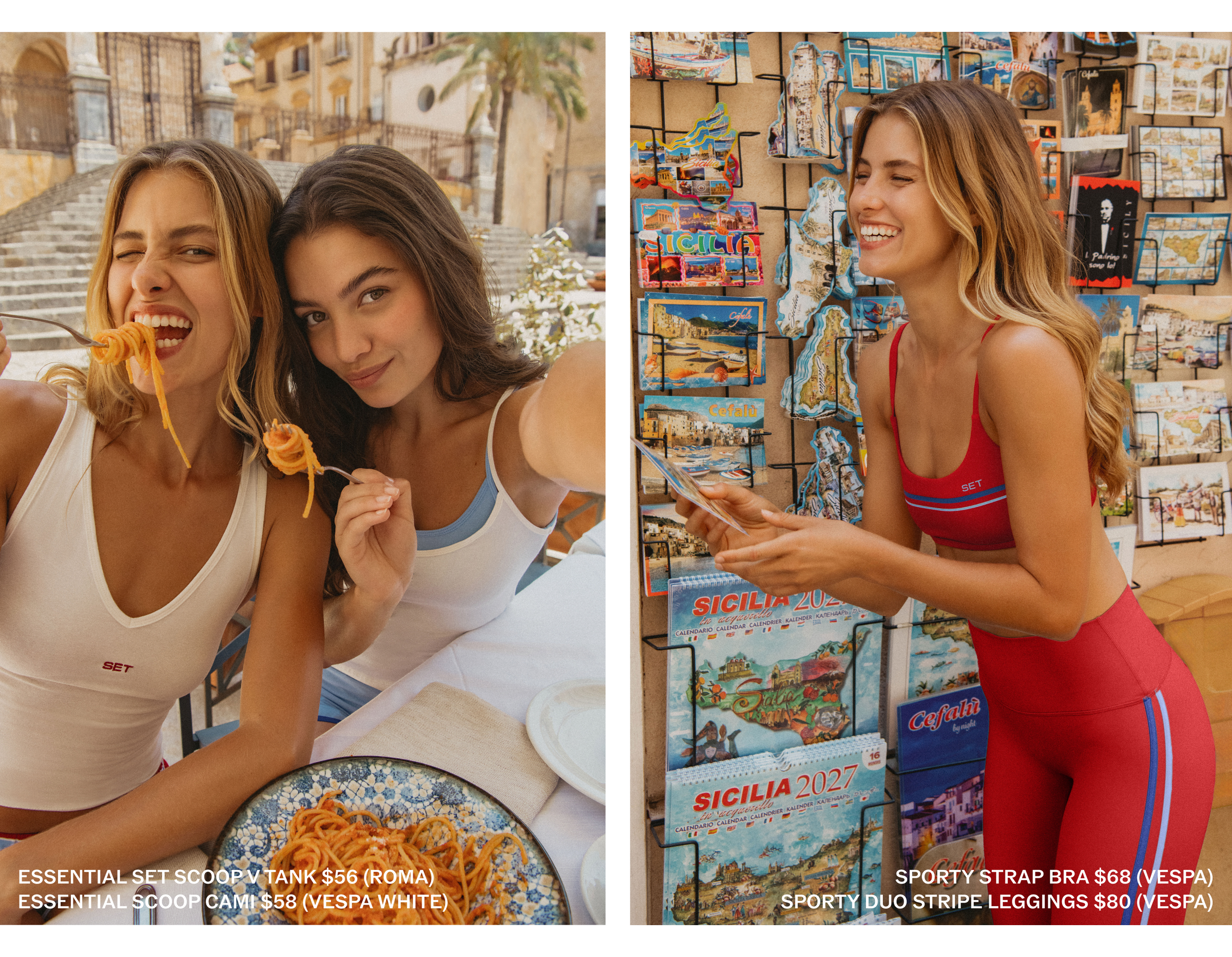 Two women enjoying pasta outdoors and a woman shopping in a store with travel brochures.