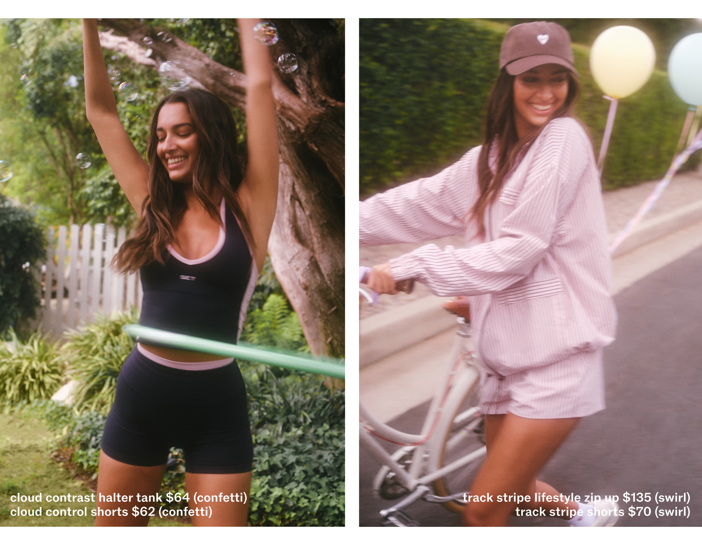 Two women in athletic wear with product pricing overlaid.