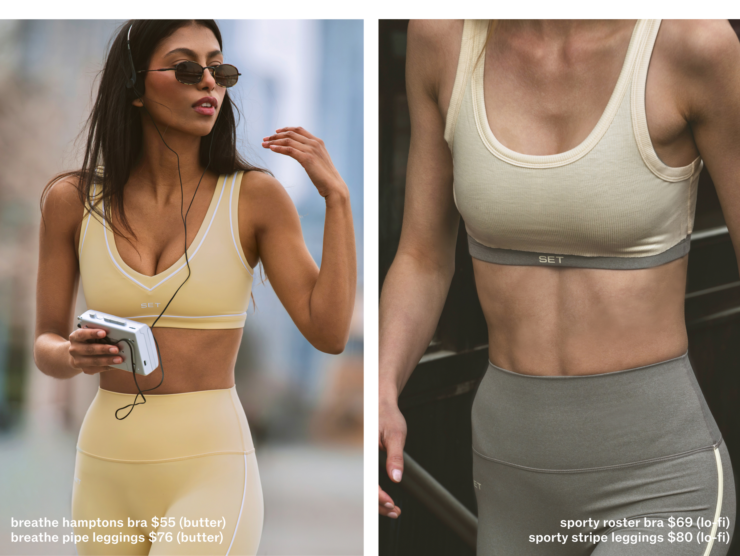 Two women wearing athletic wear with product names and prices displayed.