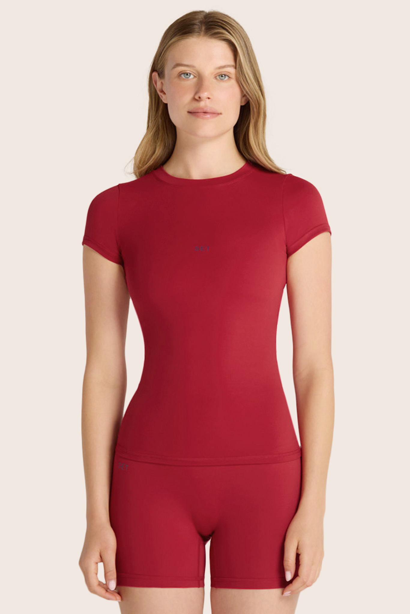 Model wears BREATHE TEE in LADYBUG <model-info>- Isabelle wears a size XS and is 5’8½”, 24” waist, 32” bust.</model-info>
