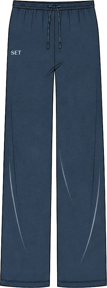 A pair of wide-leg sweatpants in a muted slate blue color, featuring a white 'SET' logo on the left chest and a matching drawstring waist.