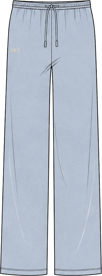 A pair of wide-leg sweatpants in a light blue featuring a white 'SET' logo on the left chest and a matching drawstring waist.