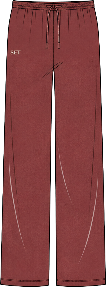 A pair of wide-leg sweatpants in a dusty rose or mauve color, featuring a matching drawstring waist and a small white 'SET' logo on the left hip.