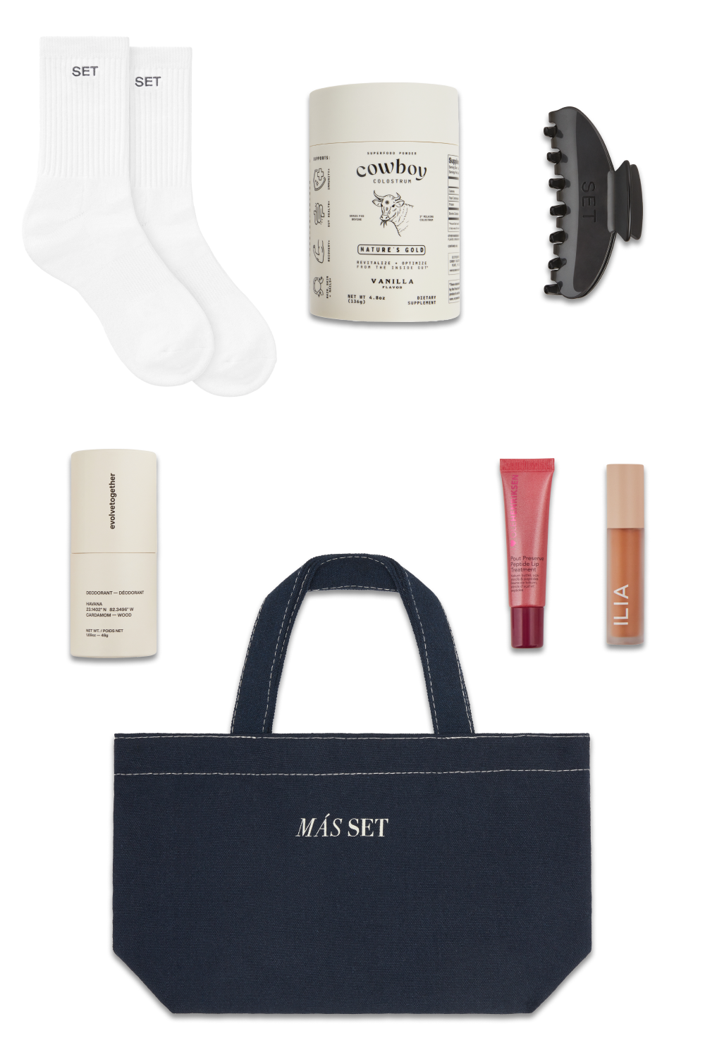 FILLED MAS SET TOTE IN DENIM FEATURING COWBOY COLOSTRUM, SET CLIP, SET SOCKS, ILIA, LIP PRODUCT AND DEODORANT