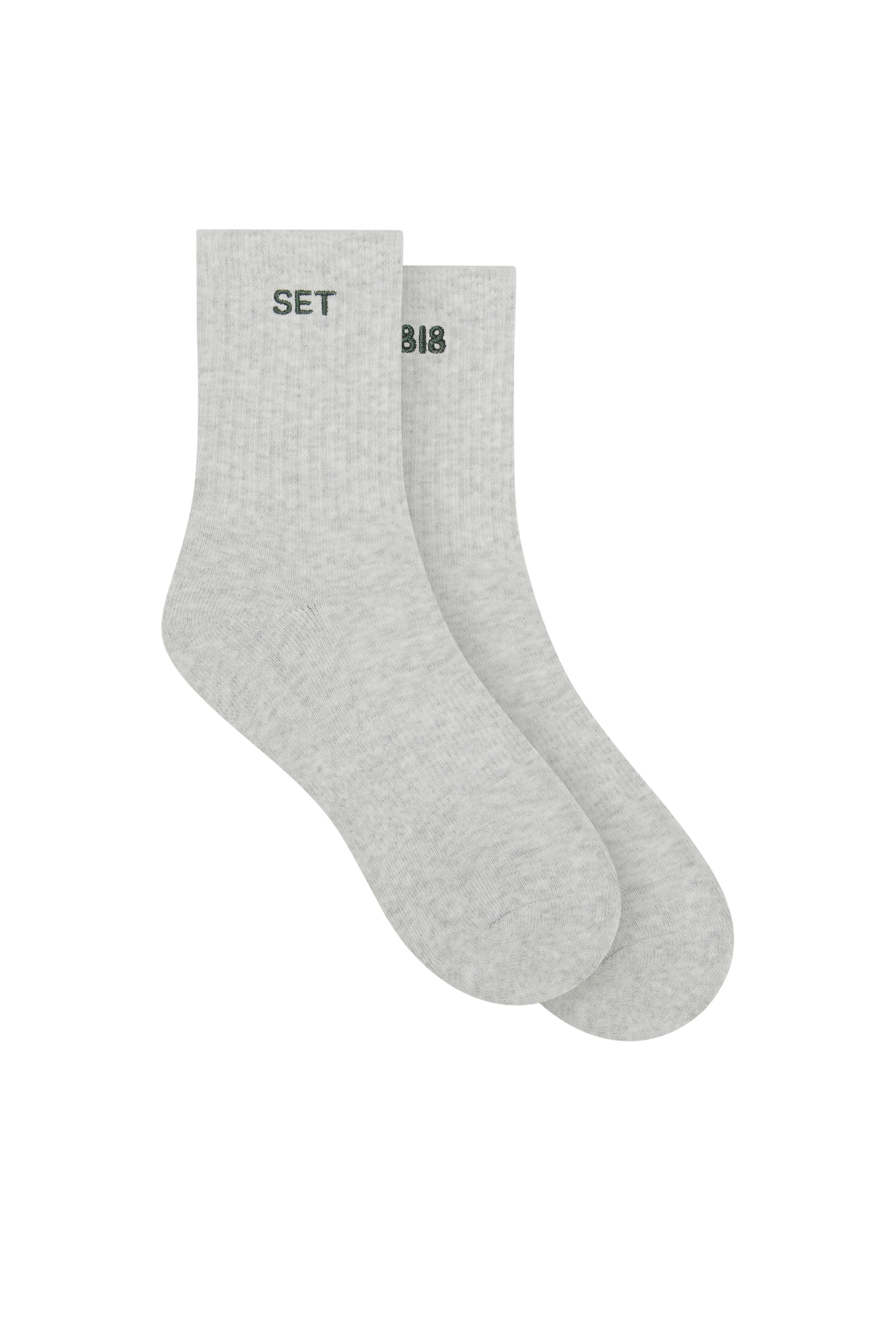 Gray socks with 'SET' and '818' text on a white background