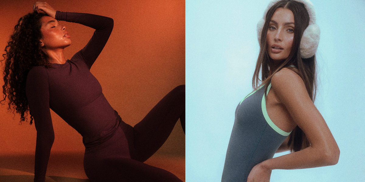 Two women in different outfits against contrasting backgrounds