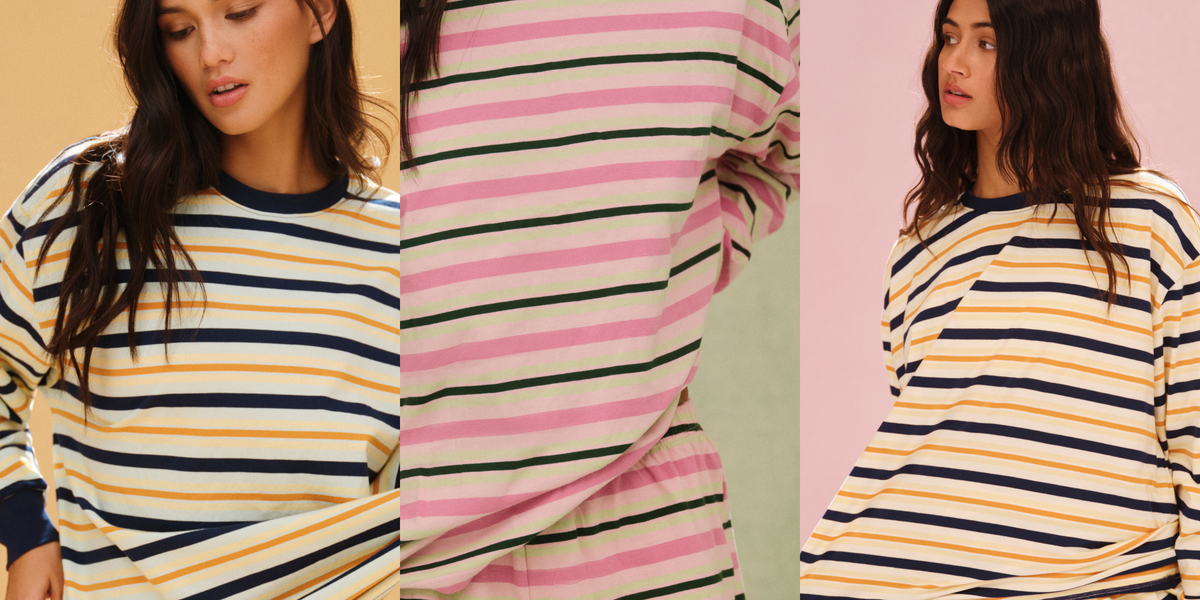 Three views of a striped long-sleeve shirt with different color combinations.