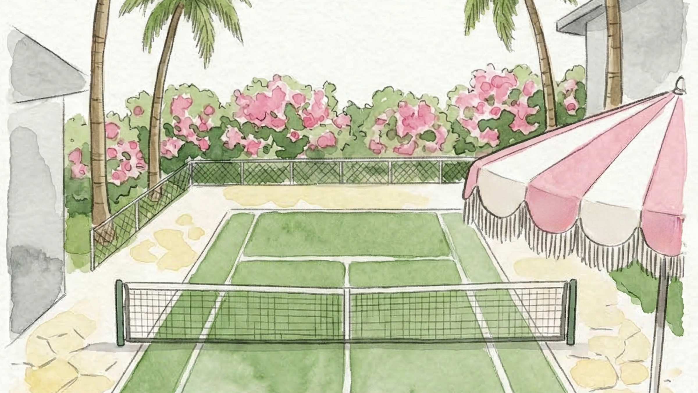 Illustration of a tennis court with palm trees and flowers in the background