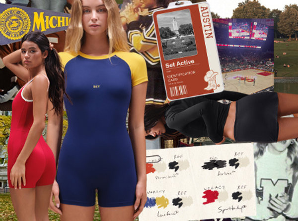 Woman in blue and yellow outfit with sports memorabilia in the background