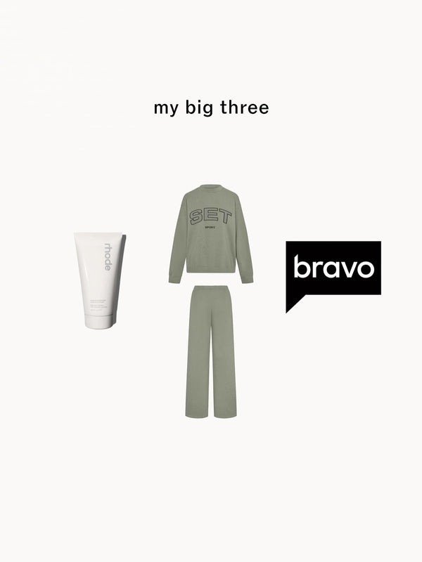 Skincare, sweat set and Bravo logo on a white background