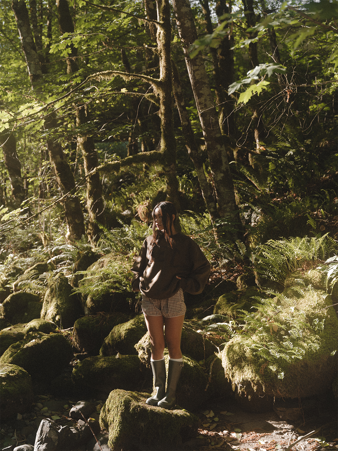 Person standing on rocks in a forest with moss-covered trees